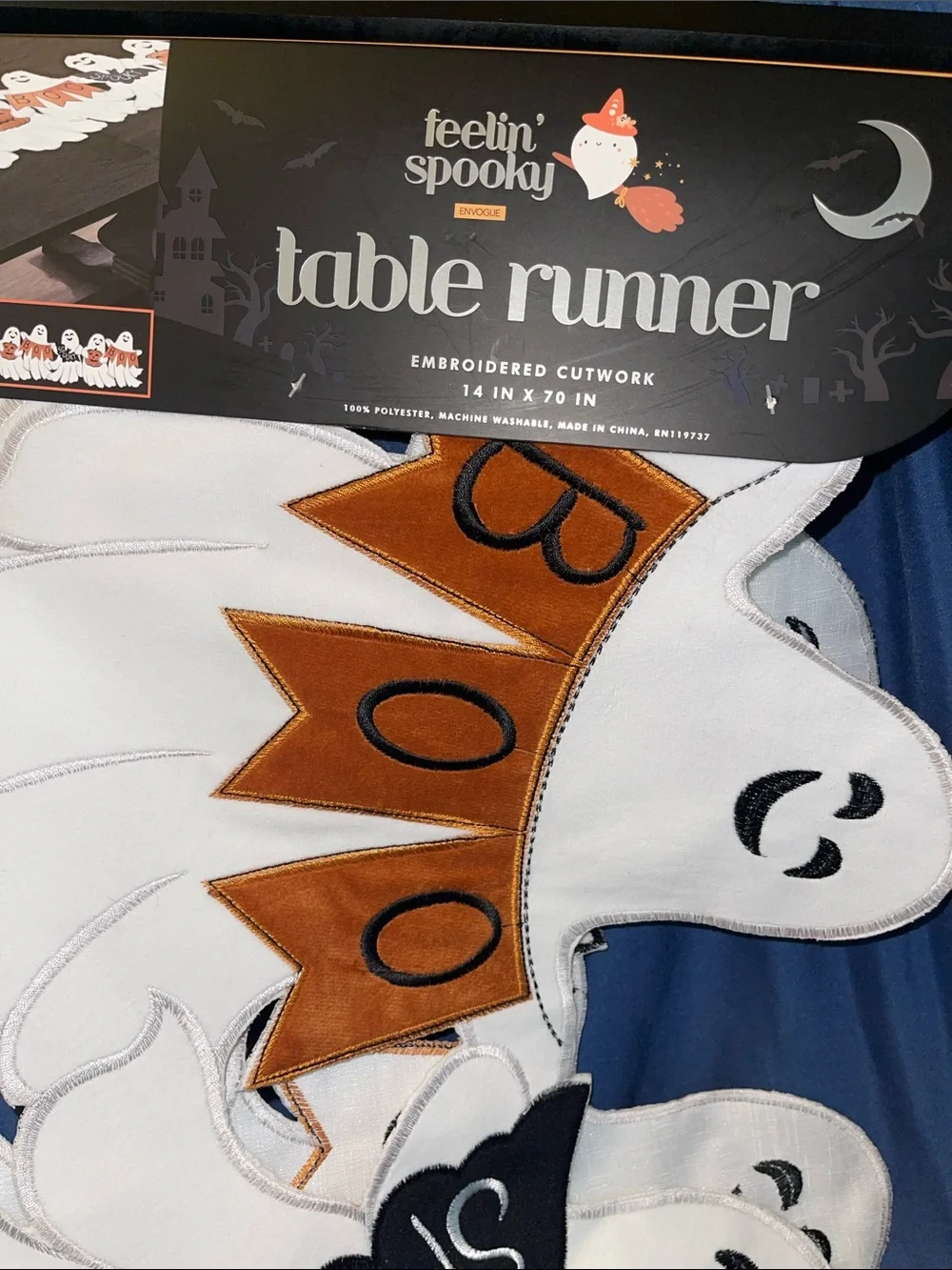 Envogue White Ghost Halloween Table Runner with Orange Pumpkin Accents